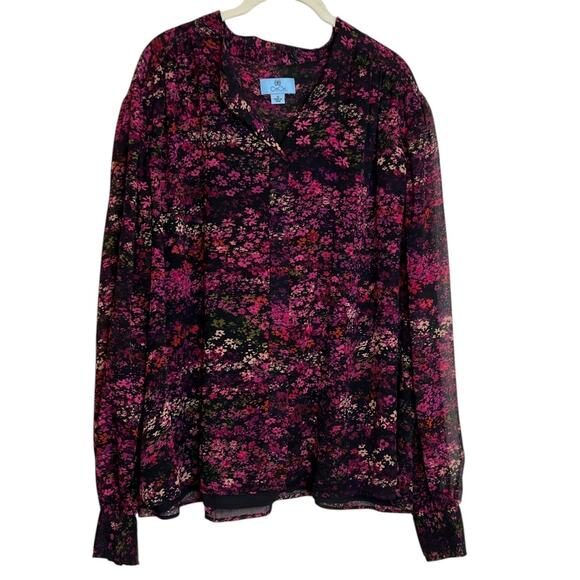 CeCe Womens Blouse Size 3X Black Pink Dark Floral Print Chiffon Long Sleeve - Picture 1 of 7